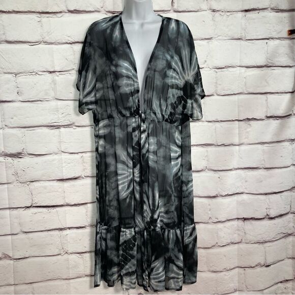 No Boundaries Cover Up SZ S Black Gray Tie Dye Kimono Waist New Swim Beach Sheer - Picture 1 of 10